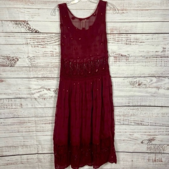 Sundance Cranberry love forever Embroidered Beaded size 2 scoop neck midi  Dress - Picture 2 of 8